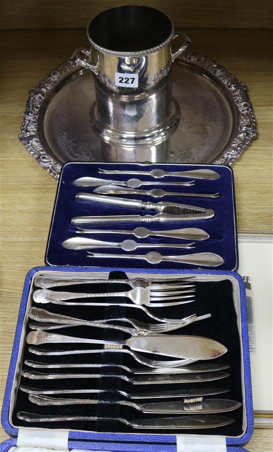 A silver plated tray, etc